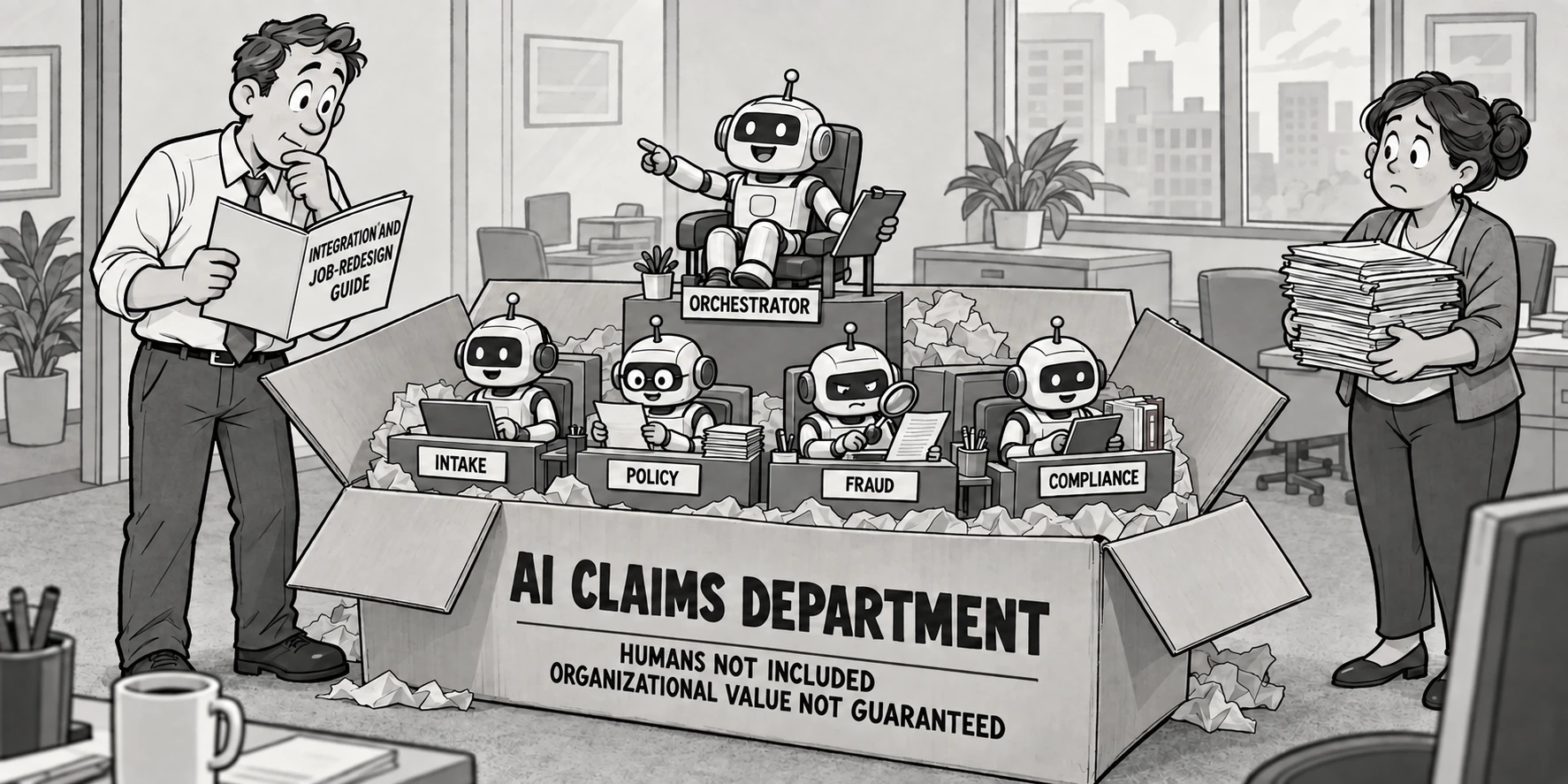 Illustration of a packaged AI claims department working alongside people